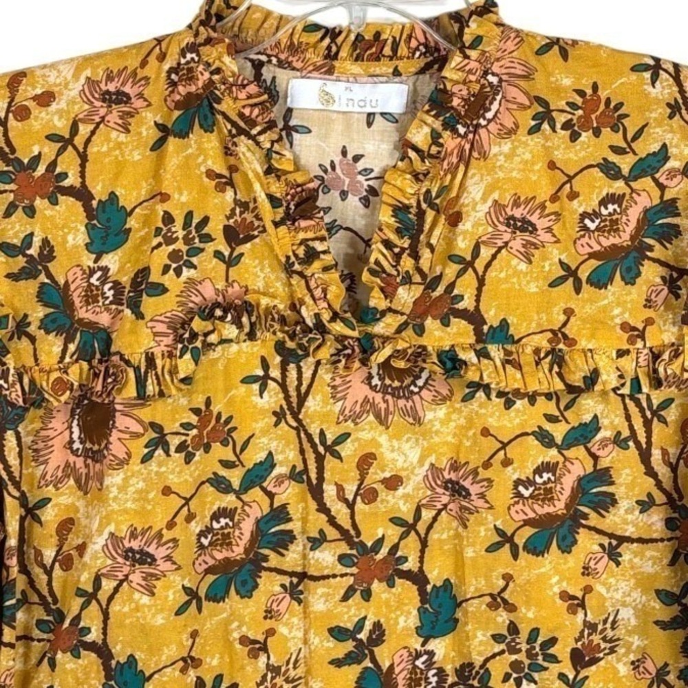 Bindu Corinne Floral Ruffle Neck Cotton Boho XL Mustard Yellow Prairie Top - Picture 4 of 10